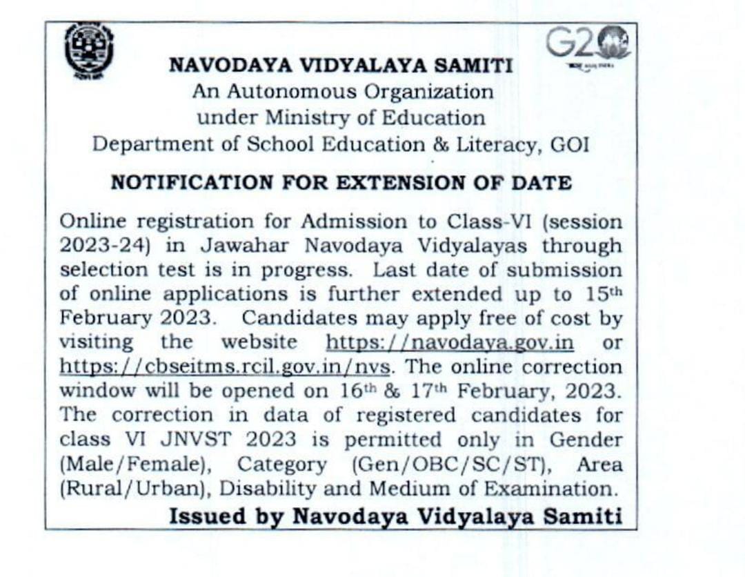  Class VI JNVST Registration Date is extended.
