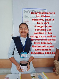 Ku. Vishva Vekariya 1st Position in Regional Science and Mathematics and Environment Exhibition 2023-24